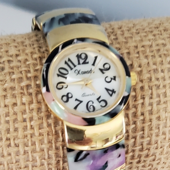Vintage Xanadu Abalone Multicolor Shell and Goldtone Bangle Hinged Quartz Watch main image 4